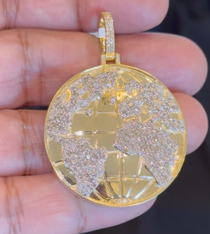 10K YELLOW GOLD 3.50 CARAT 2 INCHES NATURAL DIAMOND GLOBE PENDANT CHARM