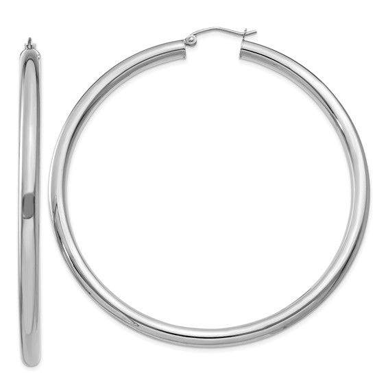 10k White Gold 4mm x 65mm Tube Hoop Earrings