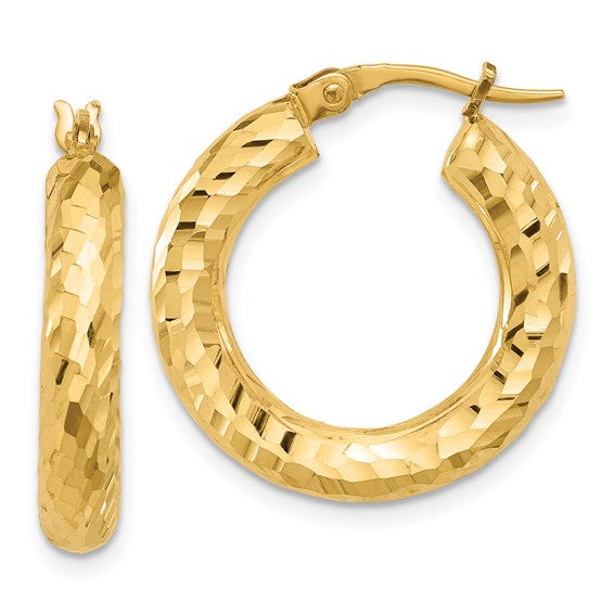 14K Polished 4mm Diamond-cut Hoop Earrings