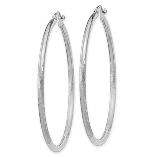 14k White Gold Satin and Diamond-cut 2mm Round Hoop Earrings