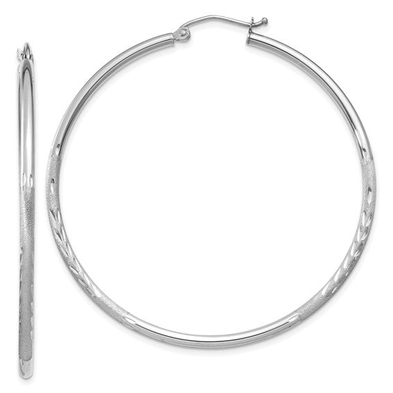 14k White Gold Satin and Diamond-cut 2mm Round Hoop Earrings