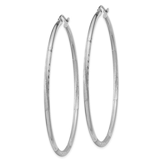 14k White Gold Satin and Diamond-cut 2mm Round Hoop Earrings