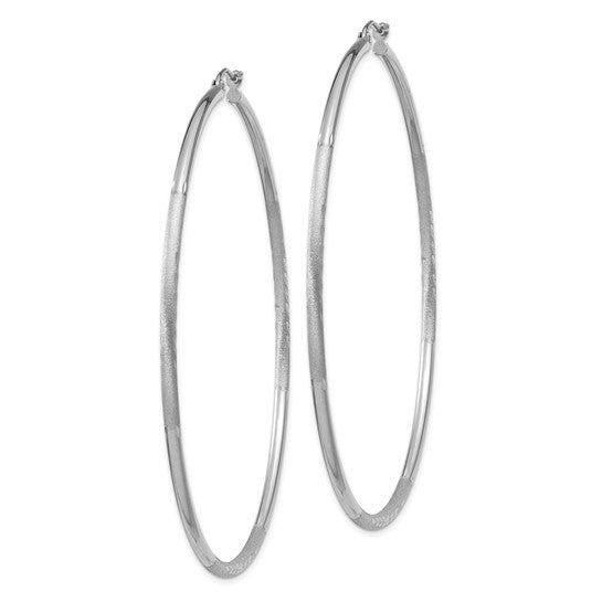 14k White Gold Satin and Diamond-cut 2mm Round Hoop Earrings