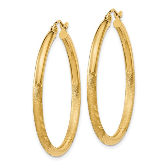 14k Satin and Diamond-cut 2.5mm Round Hoop Earrings