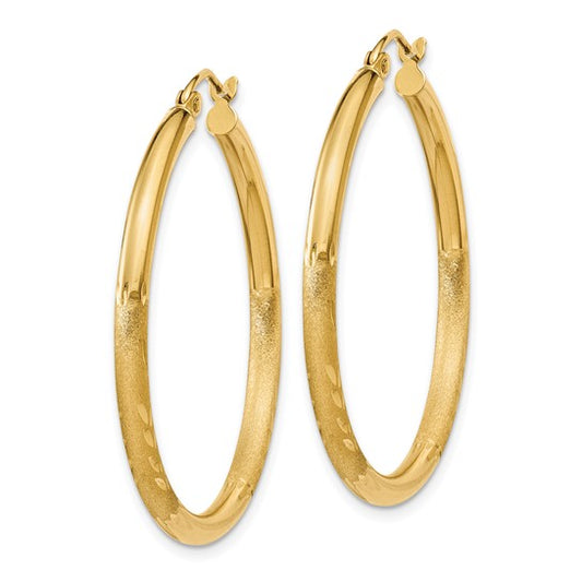 14k Satin and Diamond-cut 2.5mm Round Hoop Earrings