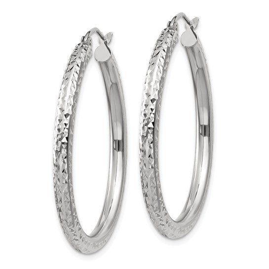 14k White Gold Diamond-cut 3mm Round Hoop Earrings