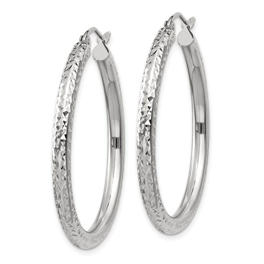 14k White Gold Diamond-cut 3mm Round Hoop Earrings