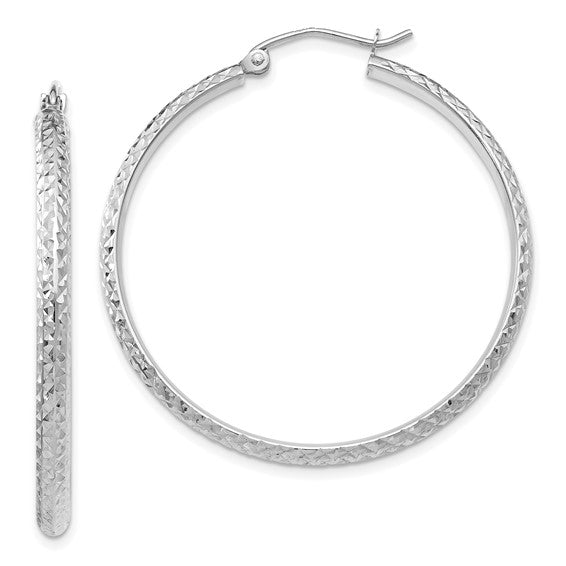 14K White Gold Diamond-cut 2.8x37mm Hollow Hoop Earrings