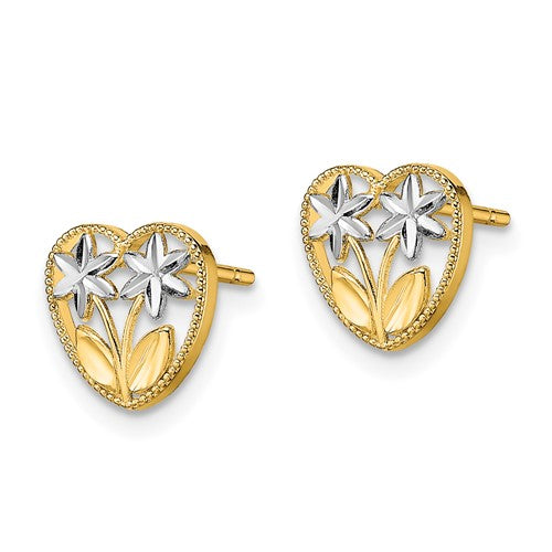 14k with Rhodium D/C Flower and Heart Post Earrings