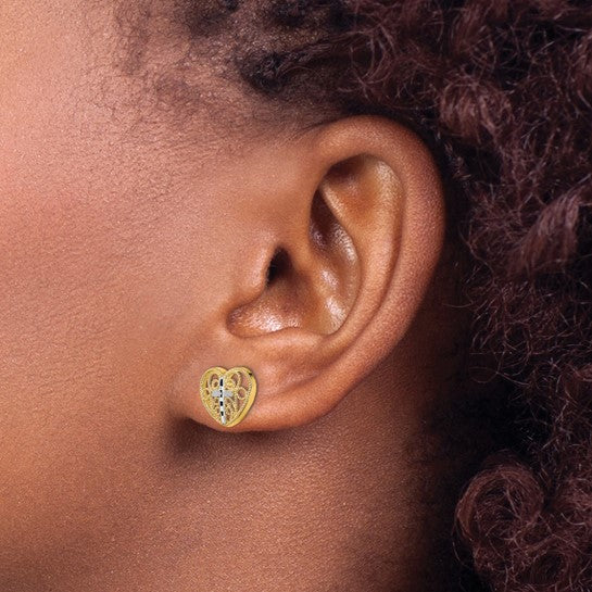 14K with Rhodium Filigree Cross Center Heart Post Earrings