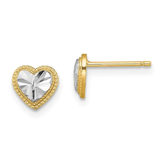 14k with Rhodium D/C Heart Post Earrings