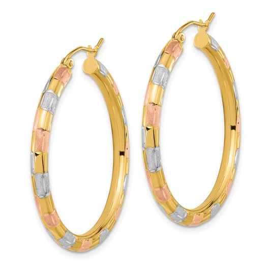 14k with White and Rose Rhodium Polished Satin Diamond-cut Hoop Earrings