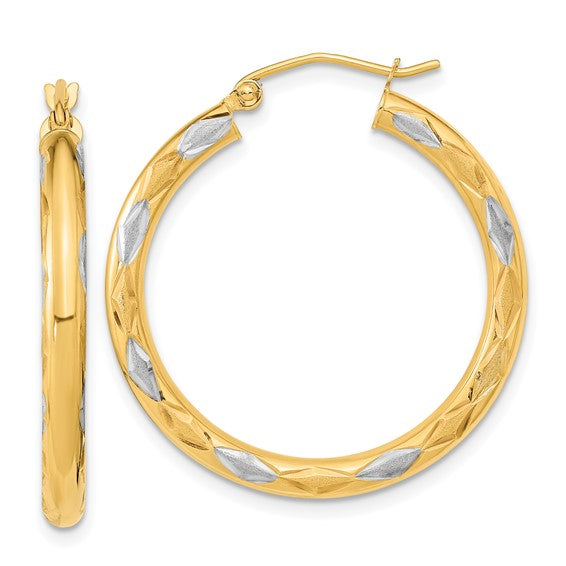 14k White Rhodium Polished Satin and Diamond-cut Hoop Earrings