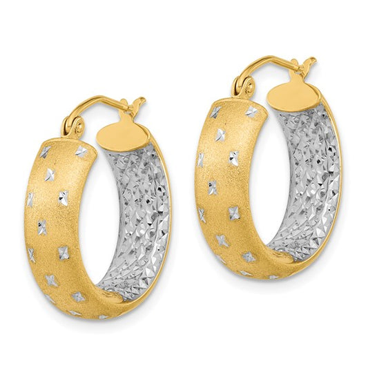 14k White Rhodium Polished Satin Diamond-cut In/Out Hoop Earrings