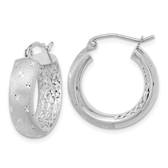 14k White Gold Polished, Satin and D/C In/Out Hoop Earrings