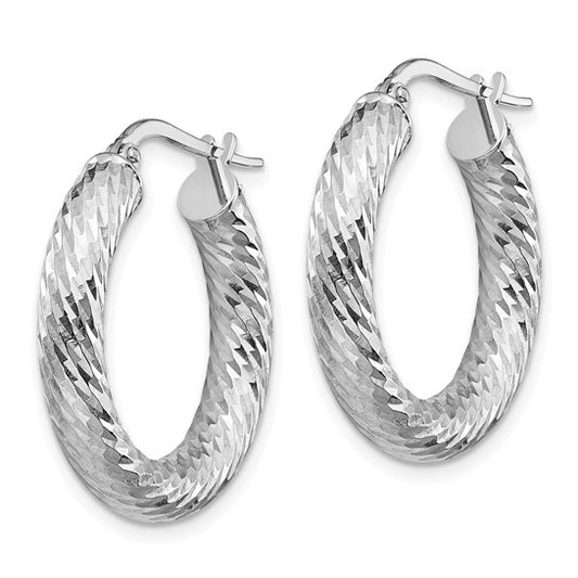 14k 4x15mm White Gold Diamond-cut Round Hoop Earrings
