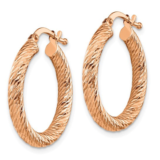 14k 3x20mm Rose Gold Diamond-cut Round Hoop Earrings