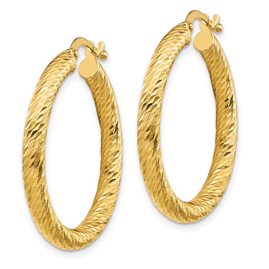 14k 3x20mm Diamond-cut Round Hoop Earrings
