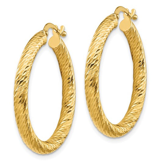 14k 3x20mm Diamond-cut Round Hoop Earrings