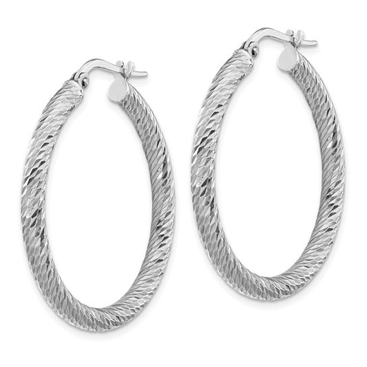 14k 3x25mm White Gold Diamond-cut Round Hoop Earrings