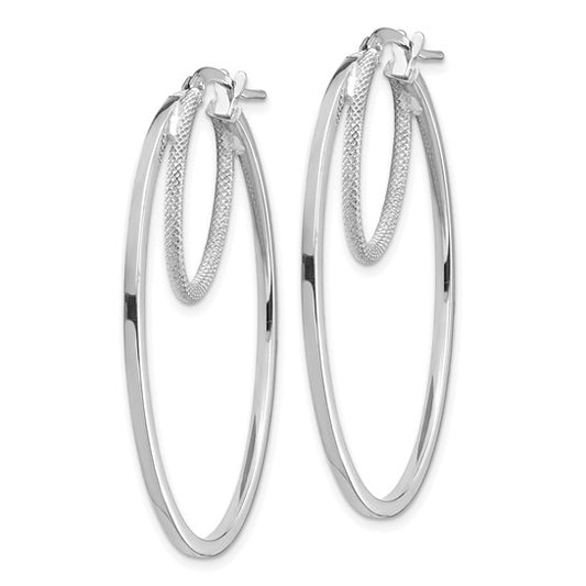 14k White Gold Polished and Textured Double Oval Hoop Earrings