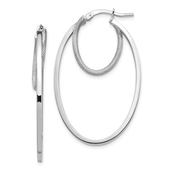 14k White Gold Polished and Textured Double Oval Hoop Earrings