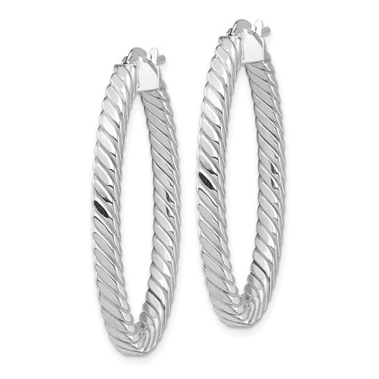 14k White Gold Polished and Twisted 3mm Square Tube Oval Hoop Earrings