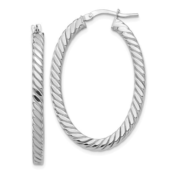 14k White Gold Polished and Twisted 3mm Square Tube Oval Hoop Earrings