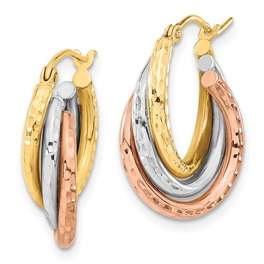 14k Tri-color Textured Triple Hoop Earrings