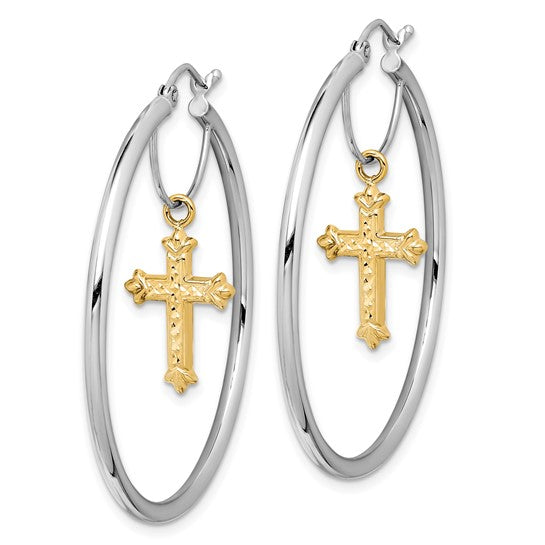 14k Two-tone D/C Cross Dangle Hoop Earrings
