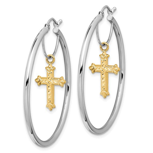 14k Two-tone D/C Cross Dangle Hoop Earrings