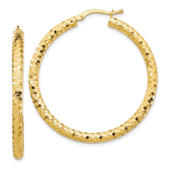 14K 3x38mm Diamond-cut Hoop Earrings