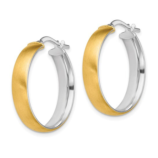 14K with White Rhodium Medium 5mm Polished and Satin Hoop Earrings