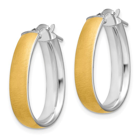 14K and White Rhodium 4.85x18.5mm Satin and Polished Teardrop Hoop Earrings