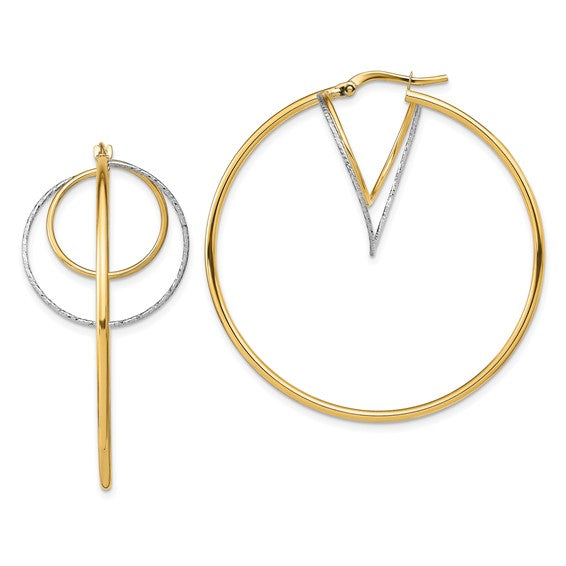 14k with White Rhodium Diamond-cut Twisted Circles Inside Hoop Earrings