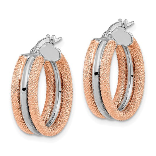 14K White Gold with Rose Rhodium Polished and Textured Hoop Earrings