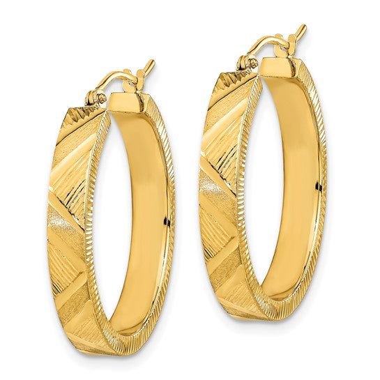 14K Polished and Brushed Textured Hoop Earrings