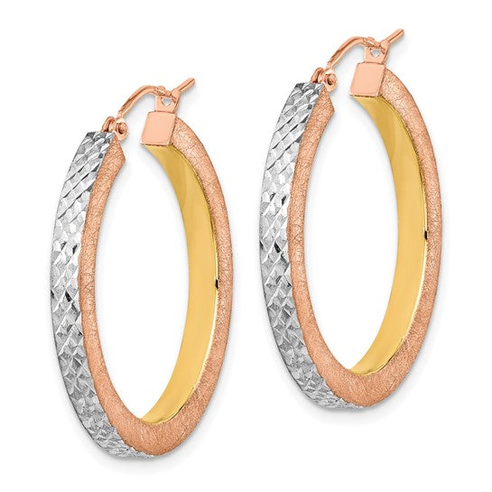 14K Rose Gold White Rhodium Polished Brushed Diamond-cut Hoop Earrings