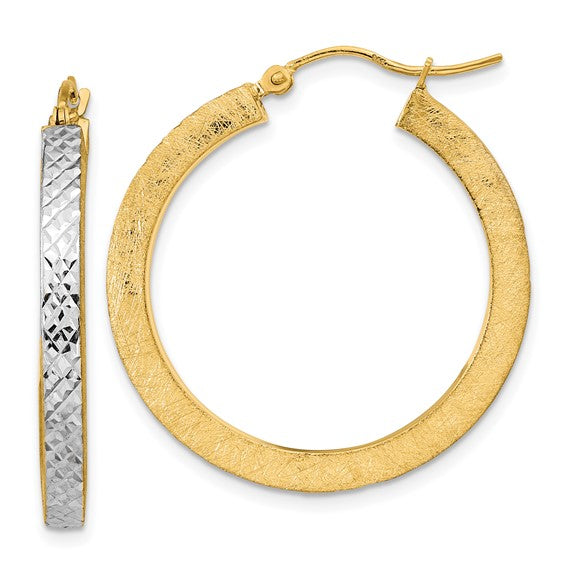 14K with White Rhodium Polished Satin Diamond-cut Hoop Earrings
