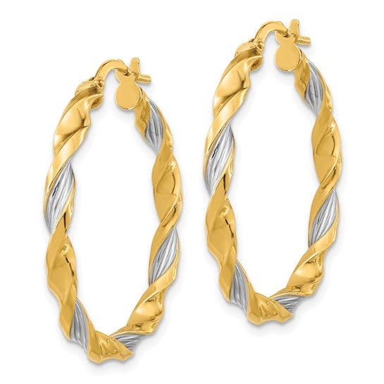 14K and White Rhodium Textured and Twist Hoop Earrings