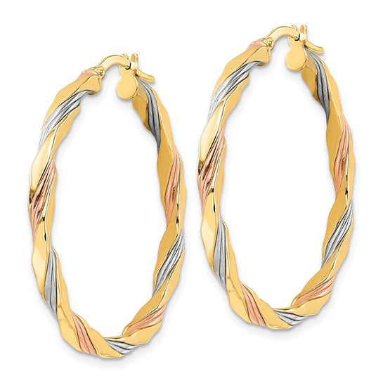 14K with Rose and White Rhodium Polished Twisted Hoop Earrings