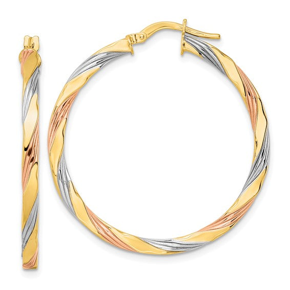 14K with Rose and White Rhodium Polished Twisted Hoop Earrings
