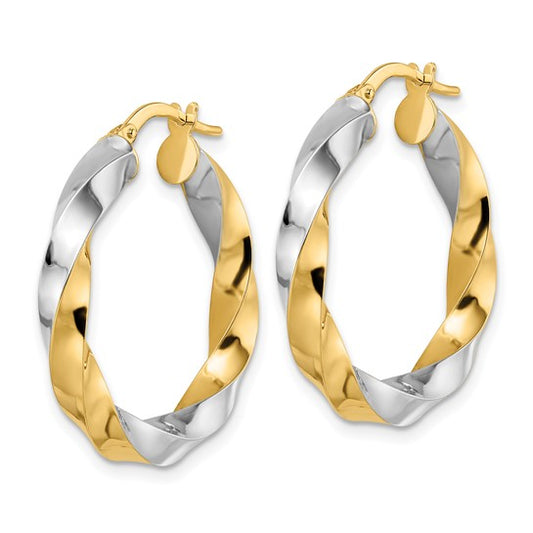 14K and Rhodium Polished Twisted Hoop Earrings