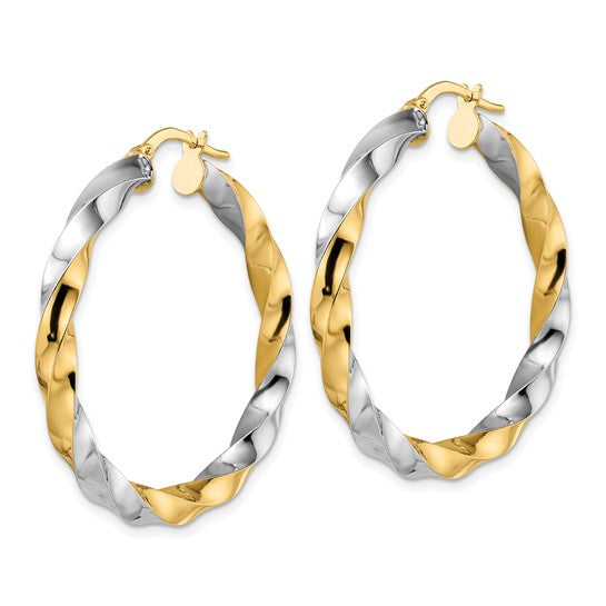 14K and Rhodium Polished Twisted Hoop Earrings