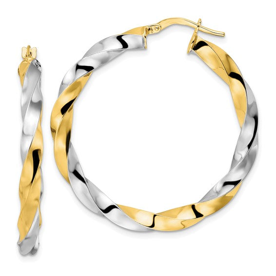 14K and Rhodium Polished Twisted Hoop Earrings