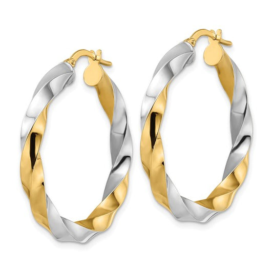 14K and Rhodium Polished Twisted Hoop Earrings
