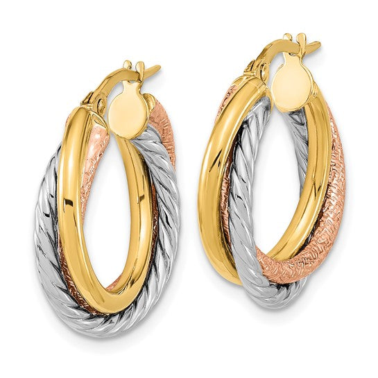 14K with White and Rose Rhodium Polished and Textured Hoop Earrings