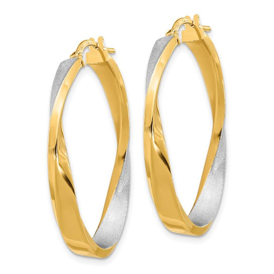 14K with White Rhodium Polished and Satin Oval Twist Hoop Earrings