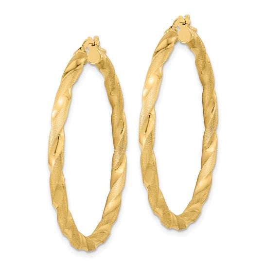 14K Polished and Satin Twisted Hoop Earrings