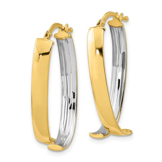 14k with White Rhodium Polished Fancy Hoop Earrings